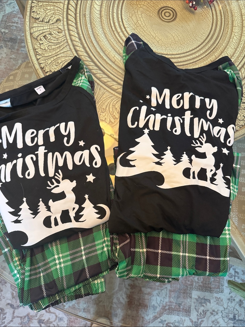 Merry Christmas Black & Green Plaid Holiday Top and Bottom Set